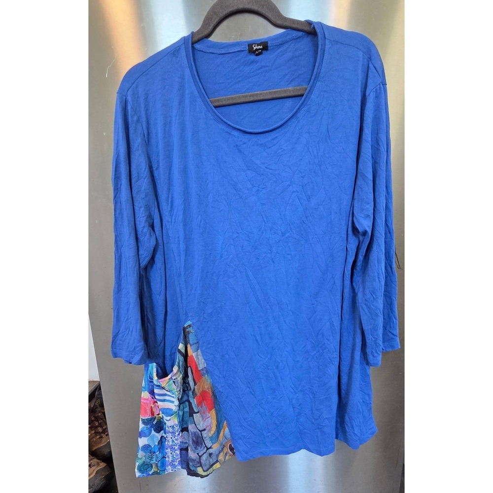 Shana Women XL/1X Tunic Top Blue Abstract Patchwork Pocket Long Sleeve Lagenlook
